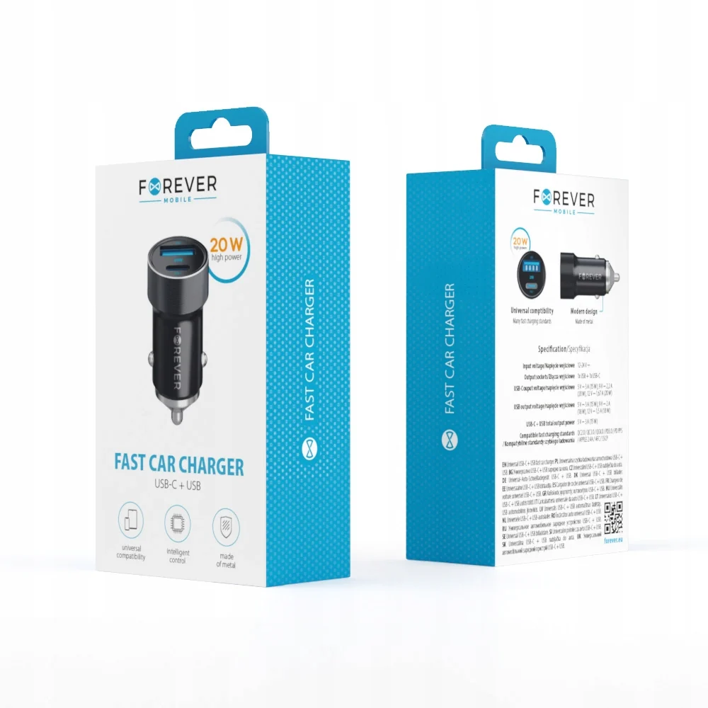Forever ładowarka samochodowa PD QC CC-06 1x USB-C 1x USB 20W czarna